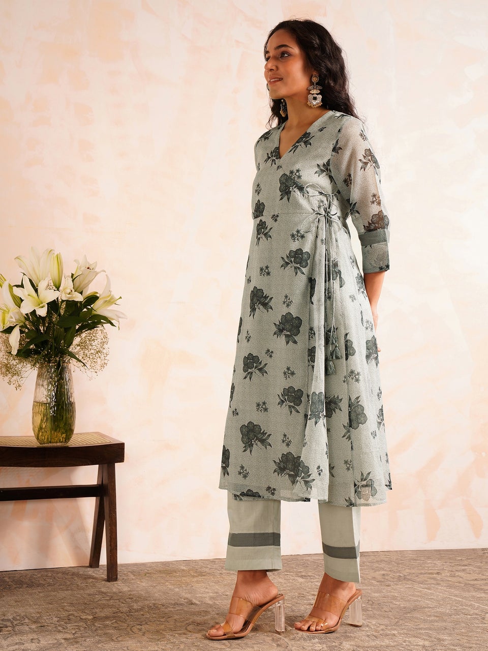 Jaypore Women Multicolour Cotton Silk Hand Block Print V Neck Anghrakha Kurta with Pants - XS