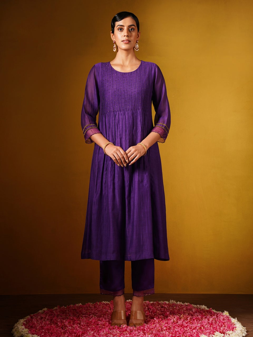 Jaypore Women Purple Cotton Silk Hand Embroidery Round Neck Flared Kurta with Pants - M
