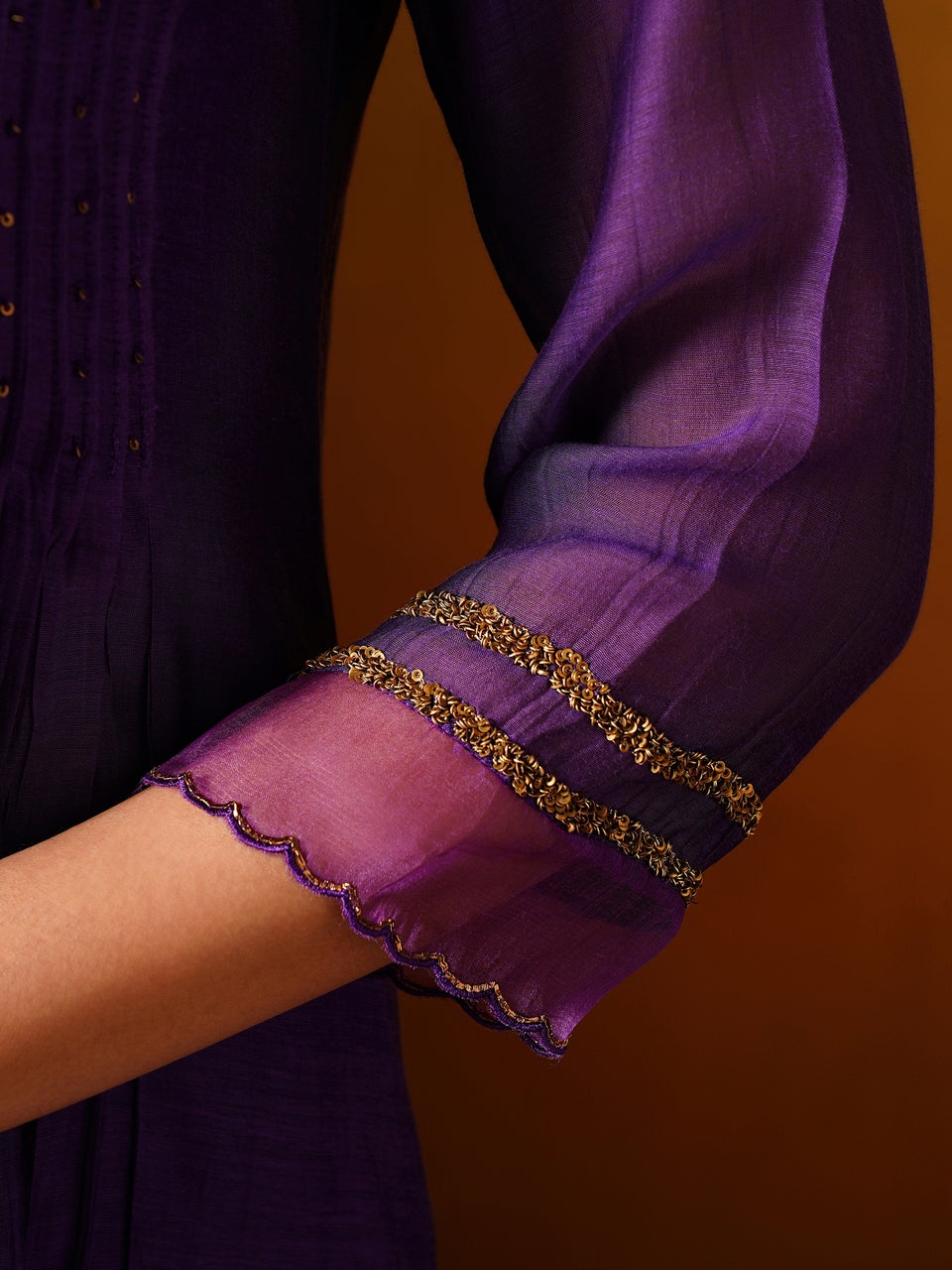 Jaypore Women Purple Cotton Silk Hand Embroidery Round Neck Flared Kurta with Pants - M