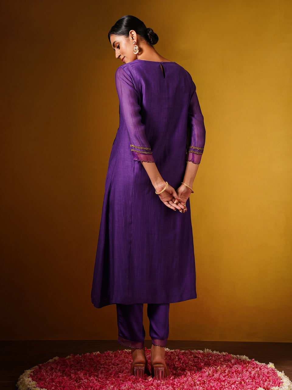 Jaypore Women Purple Cotton Silk Hand Embroidery Round Neck Flared Kurta with Pants - M