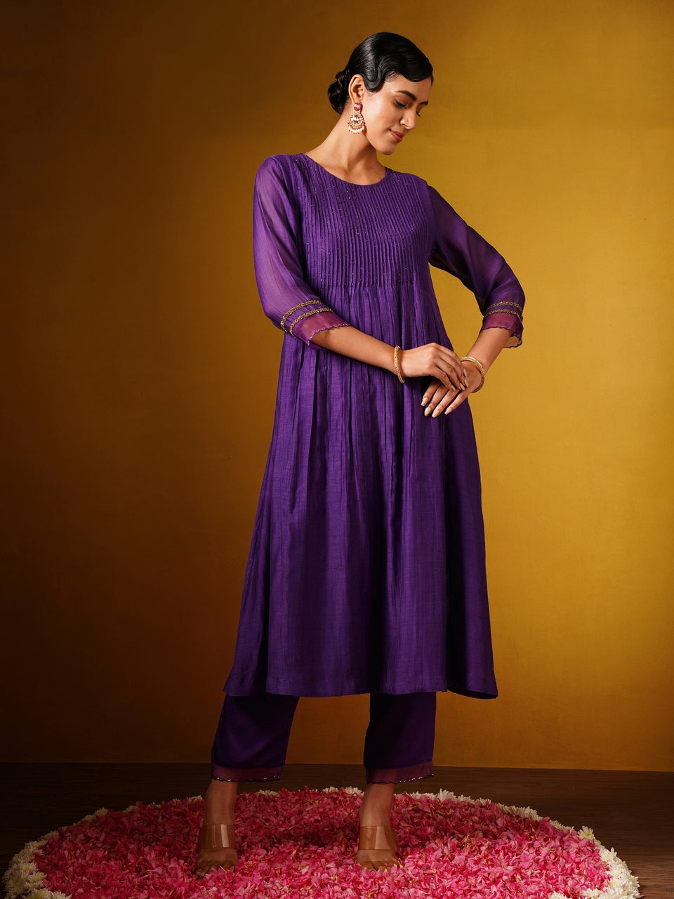 Jaypore Women Purple Cotton Silk Hand Embroidery Round Neck Flared Kurta with Pants - M