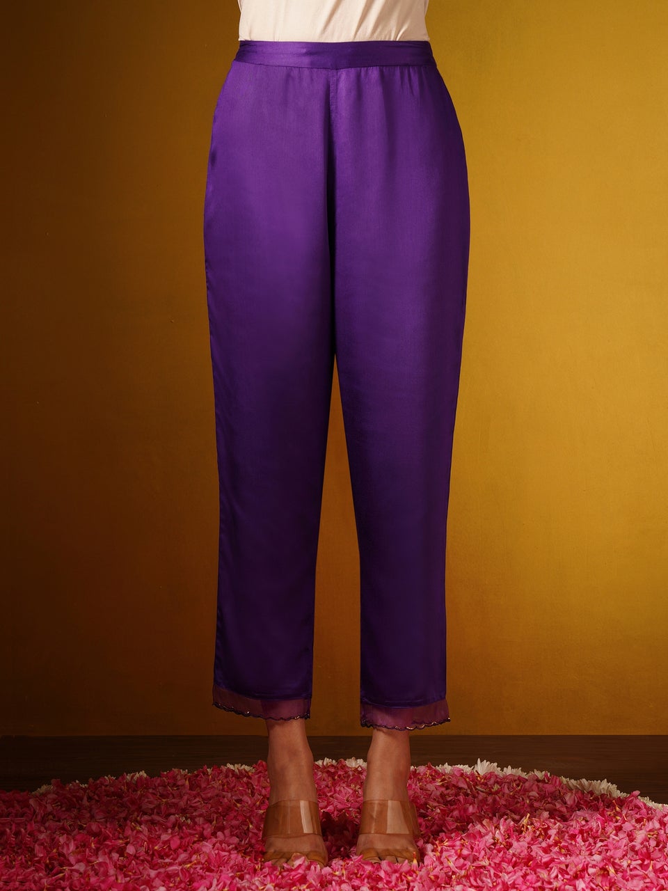 Jaypore Women Purple Cotton Silk Hand Embroidery Round Neck Flared Kurta with Pants - M