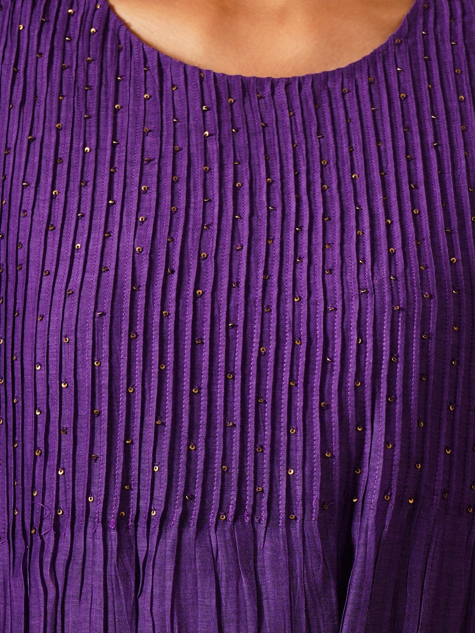 Jaypore Women Purple Cotton Silk Hand Embroidery Round Neck Flared Kurta with Pants - M