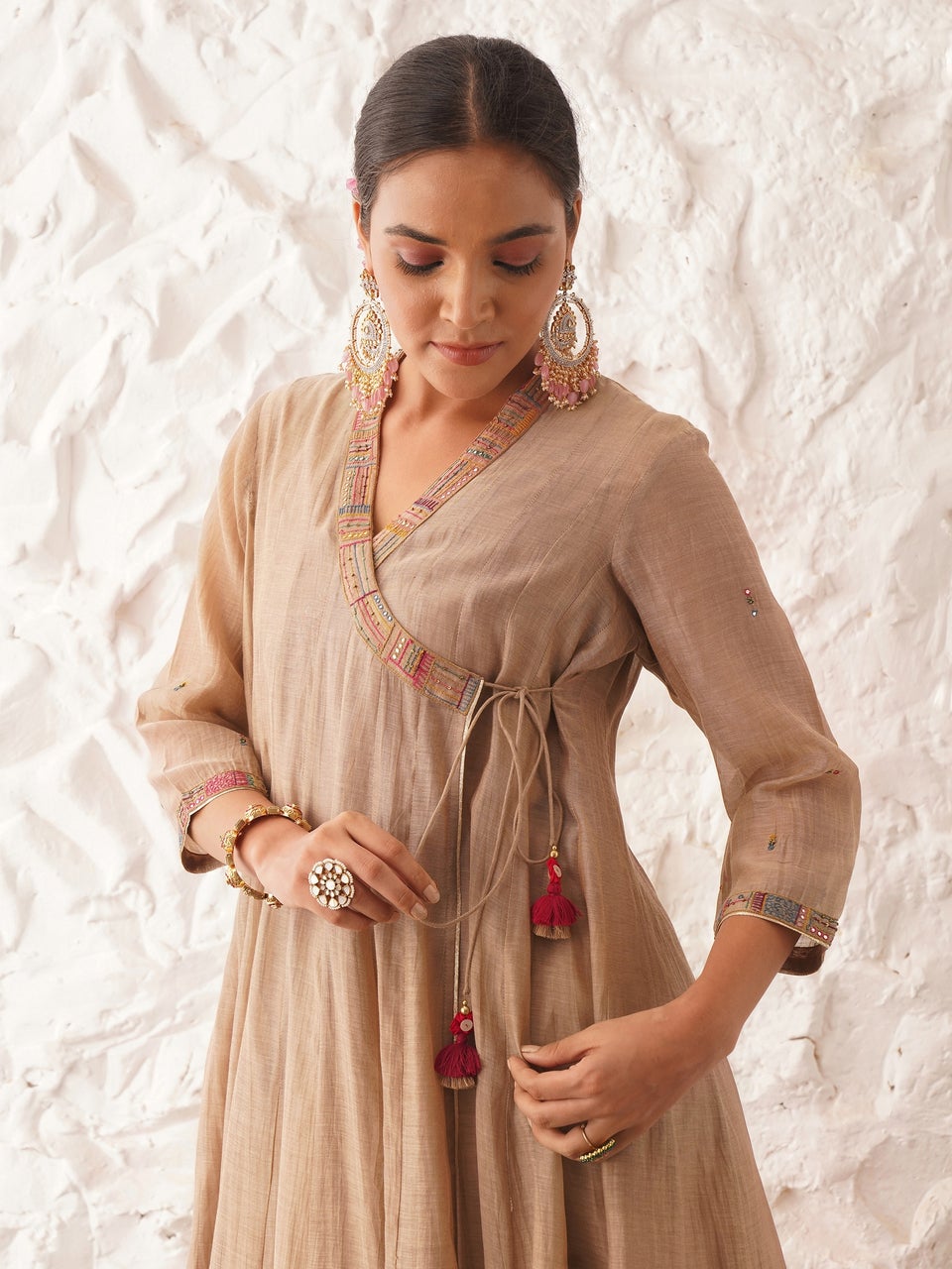 Karnya Women Beige Brown Cotton Silk Hand Embroidery Tie up Neck Angrakha Kurta, Slip, Pants & Dupatta - S