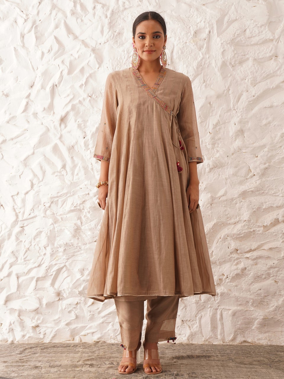 Karnya Women Beige Brown Cotton Silk Hand Embroidery Tie up Neck Angrakha Kurta, Slip, Pants & Dupatta - S