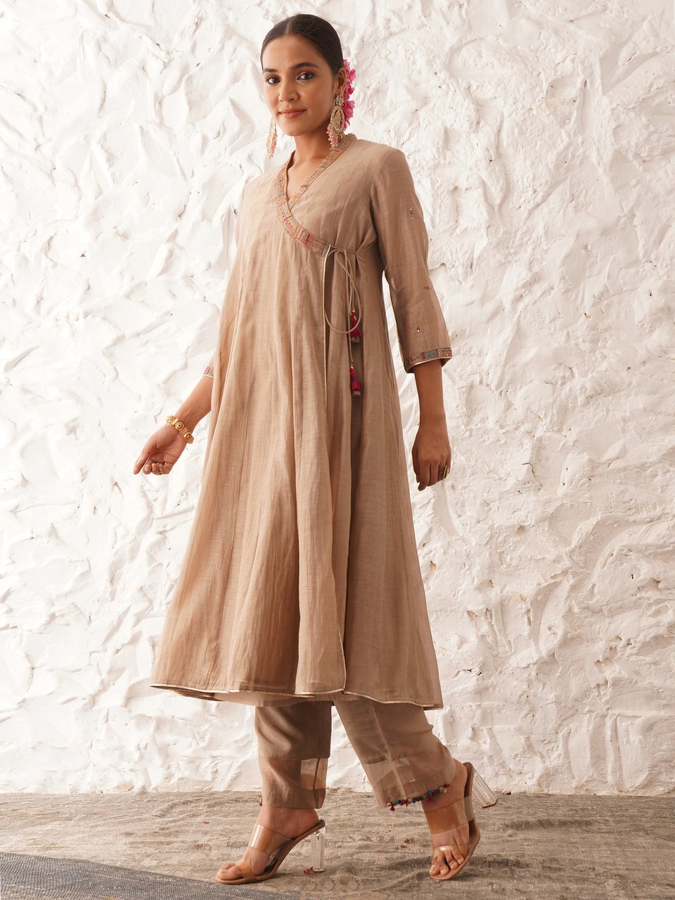 Karnya Women Beige Brown Cotton Silk Hand Embroidery Tie up Neck Angrakha Kurta, Slip, Pants & Dupatta - S