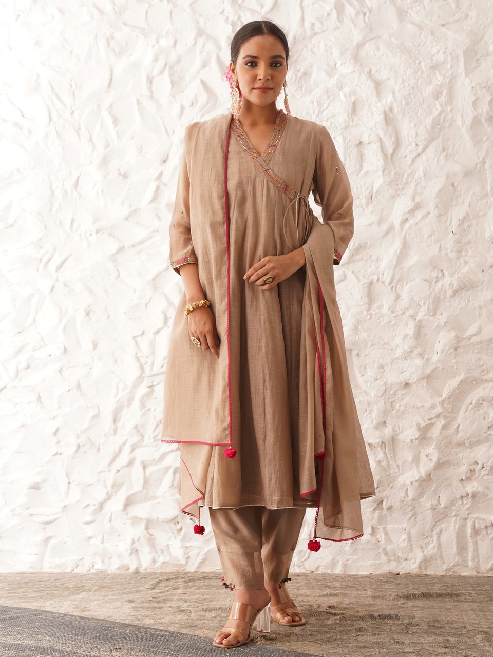 Karnya Women Beige Brown Cotton Silk Hand Embroidery Tie up Neck Angrakha Kurta, Slip, Pants & Dupatta - S