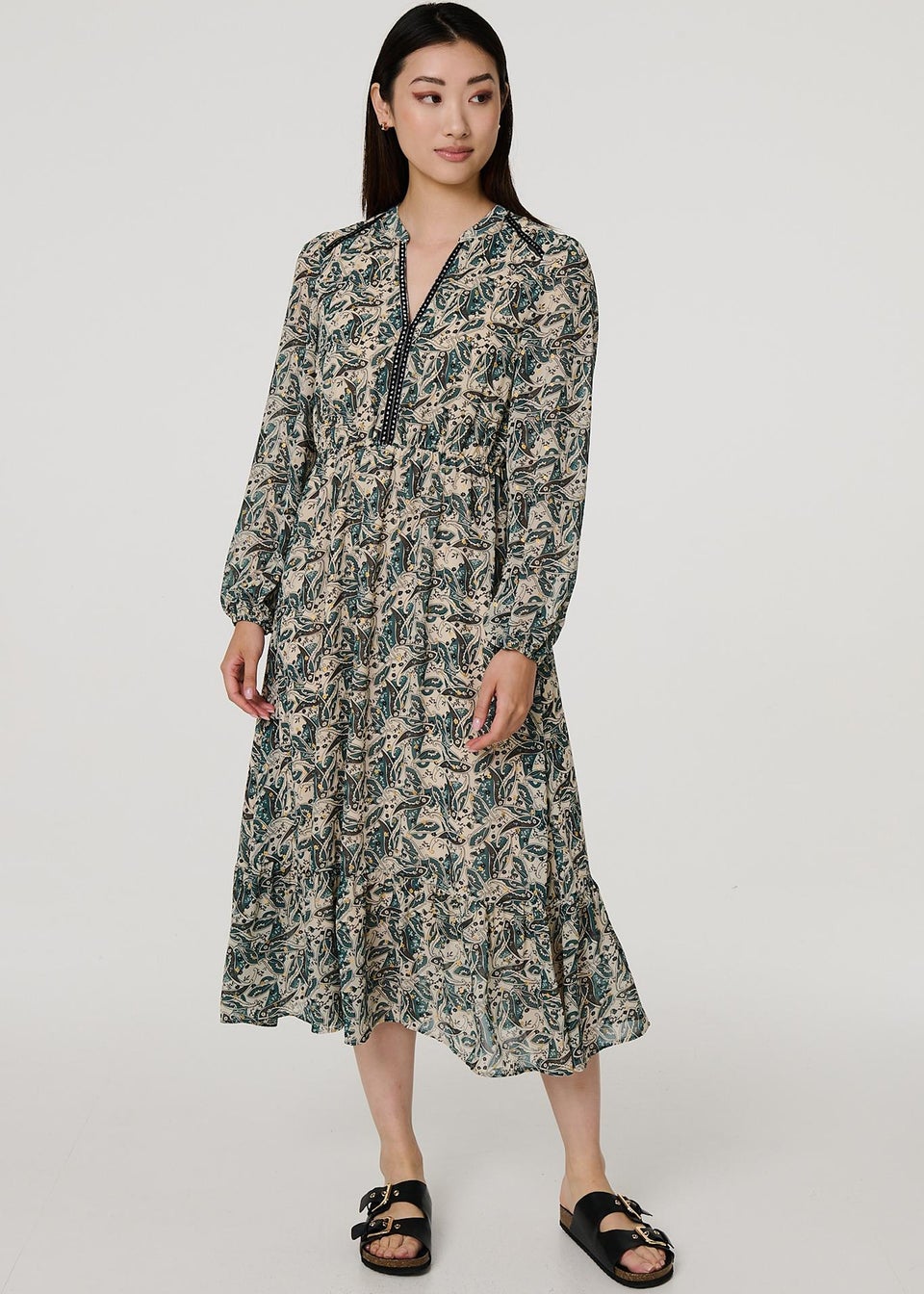 Izabel London Green Paisley Velvet Stud Trim Midi Dress