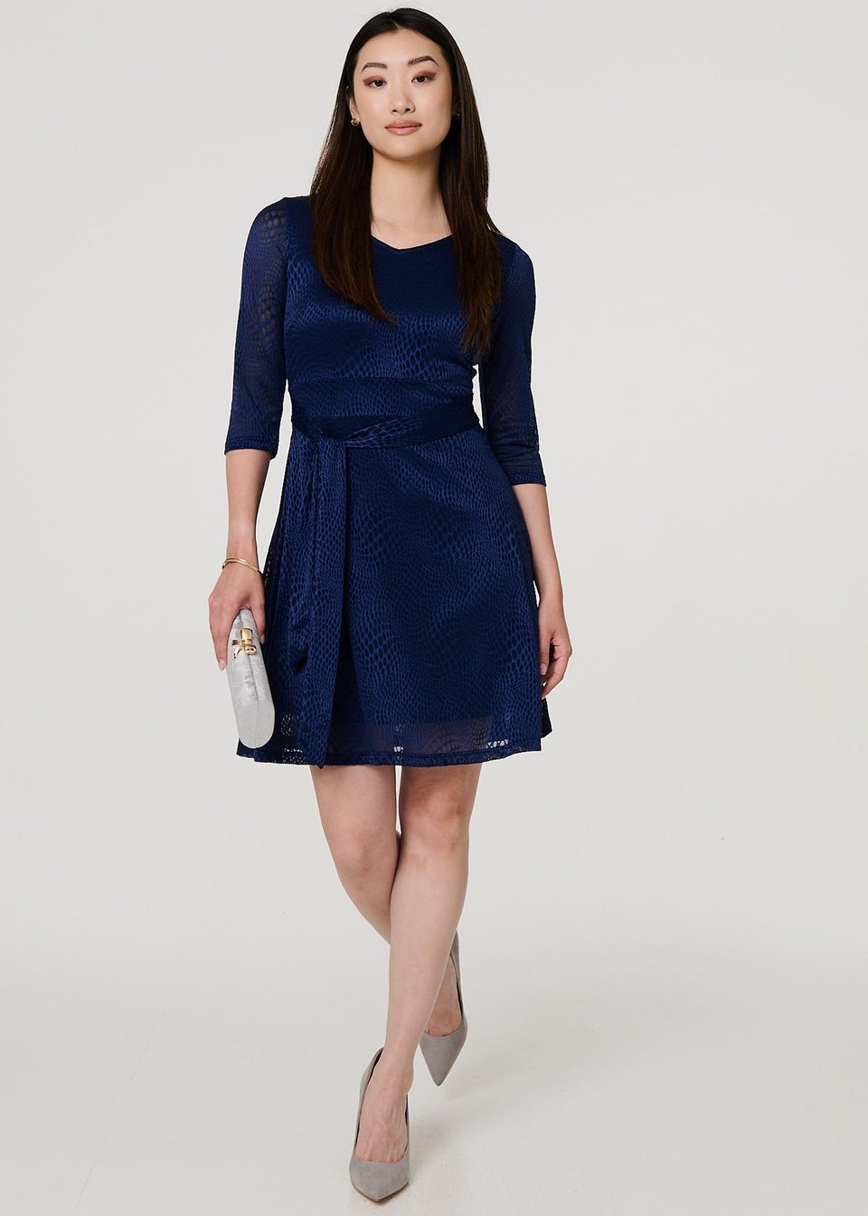 Izabel London Blue Lace Layer Tie Waist Short Skater Dress