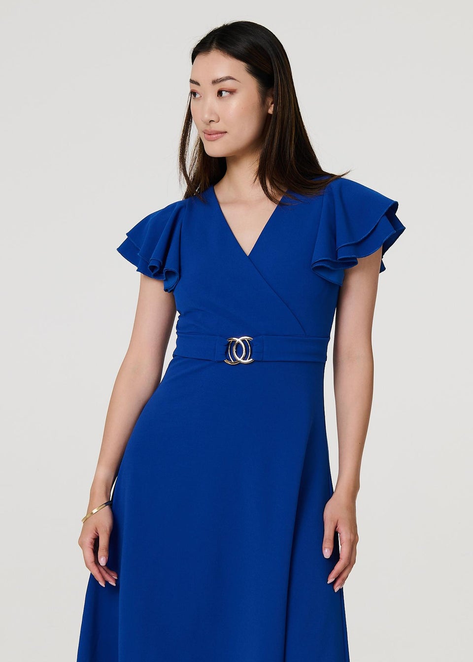 Izabel London Blue Belt Detail Frilled Sleeve Midi Dress