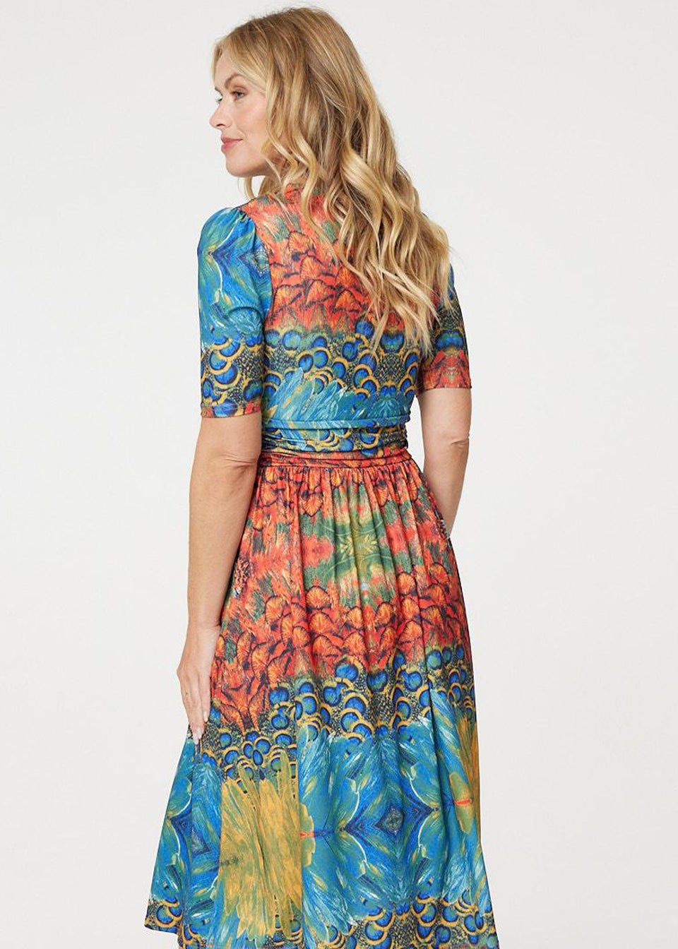 Izabel London Blue Printed Ruched Waist Faux Wrap Midi Dress