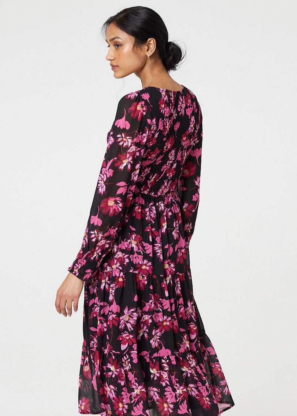 Izabel London Black Floral Semi Sheer Long Sleeve Midi Dress