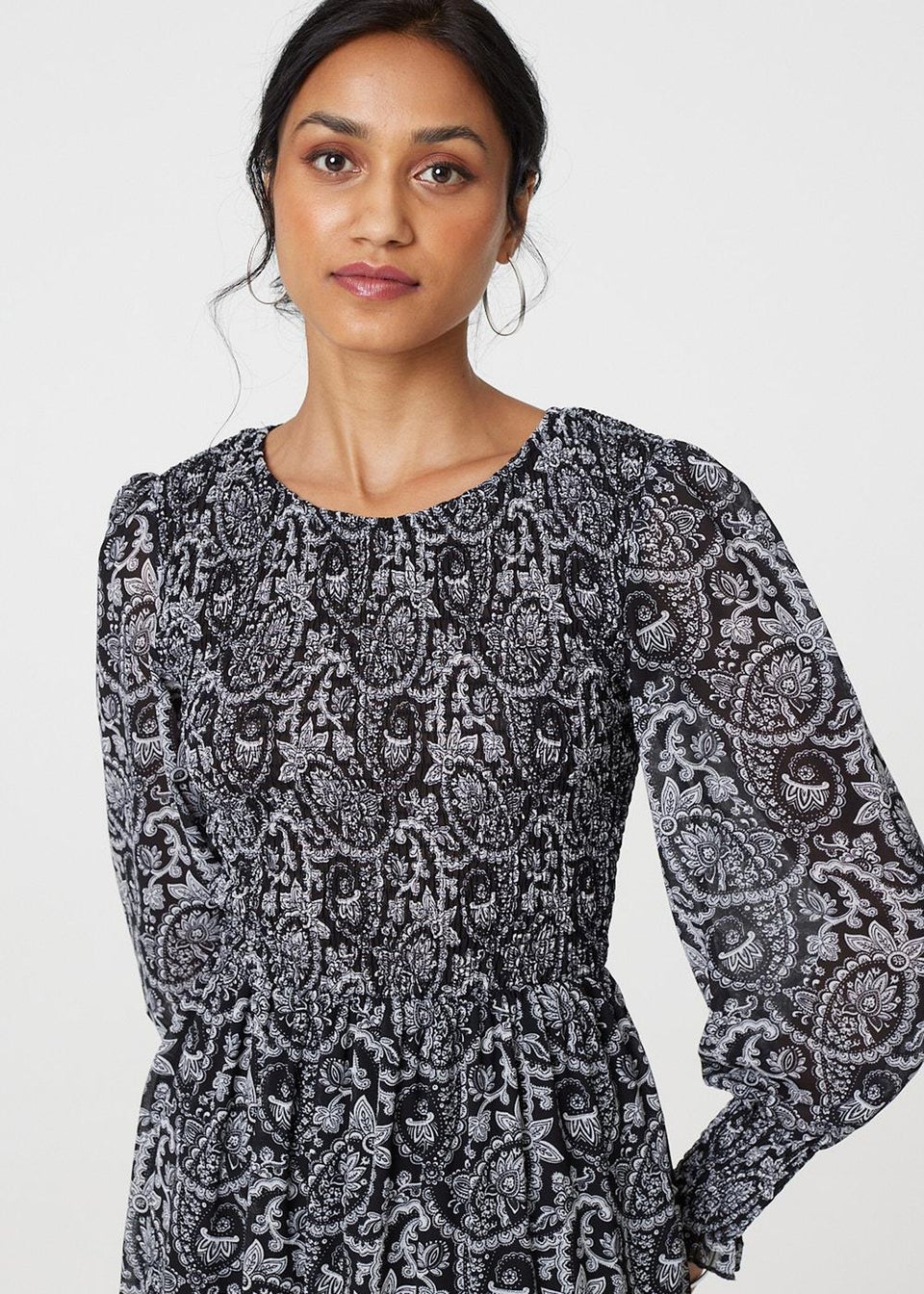 Izabel London Black Paisley Long Puff Sleeve Midi Smock Dress