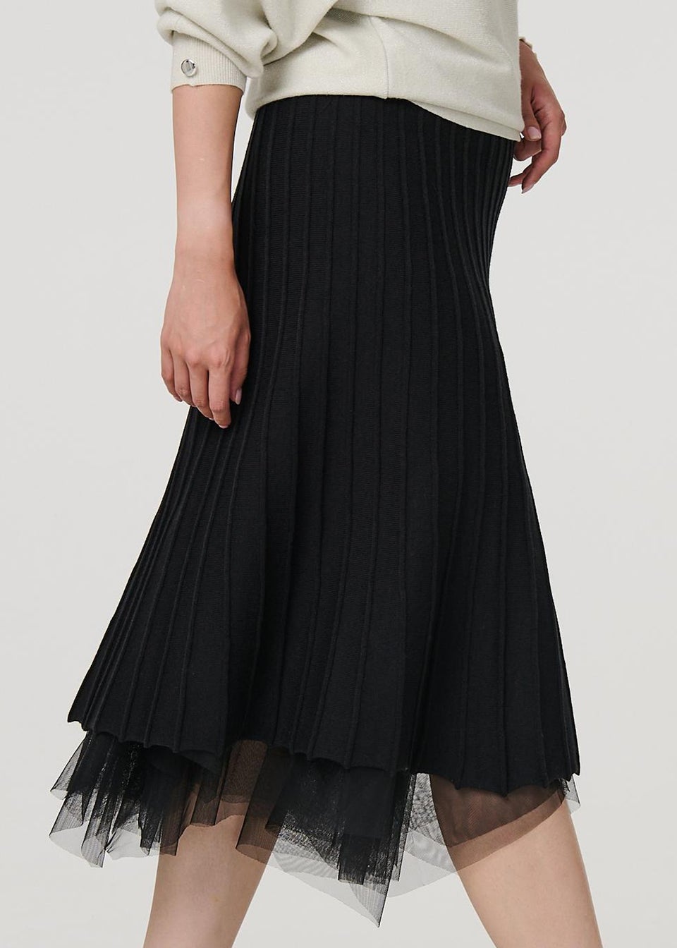 Izabel London Black Reversible Hanky Hem Mesh & Knit Midi Skirt