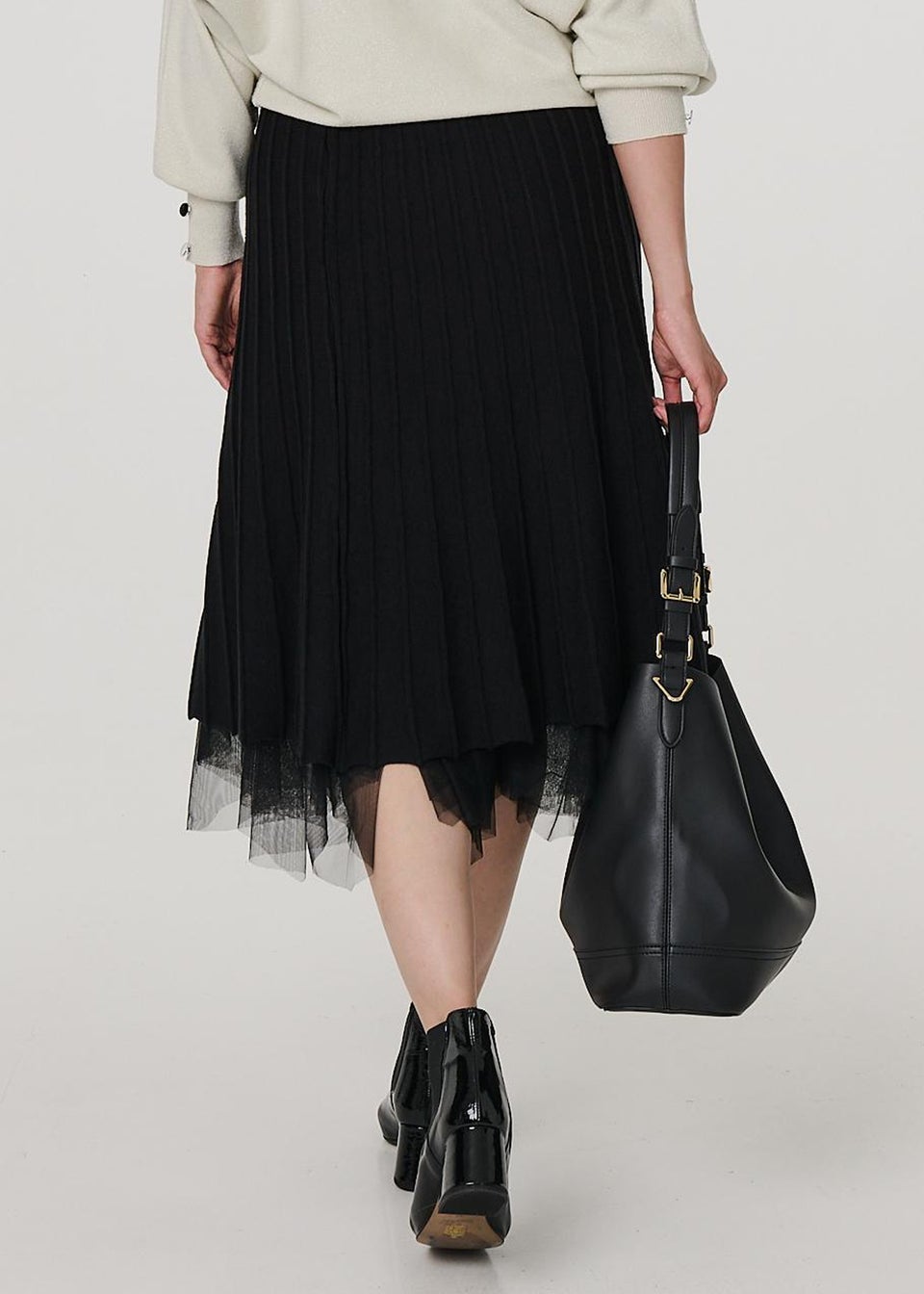 Izabel London Black Reversible Hanky Hem Mesh & Knit Midi Skirt