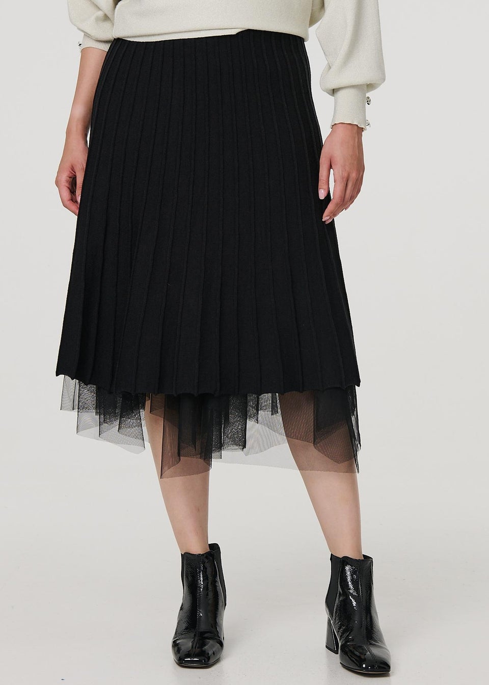 Izabel London Black Reversible Hanky Hem Mesh Knit Midi Skirt Matalan