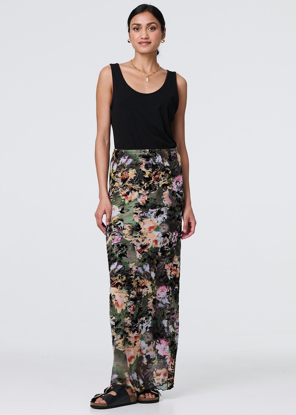 Izabel London Green Floral Mesh High Waist Straight Maxi Skirt