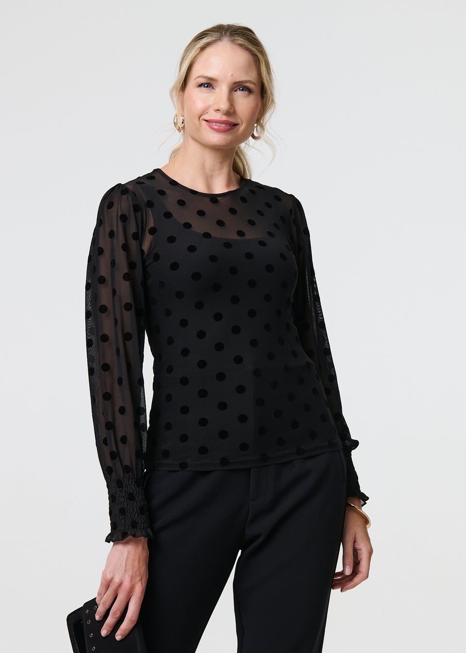 Izabel London Black Polka Dot Sheer Mesh Puff Sleeve Blouse