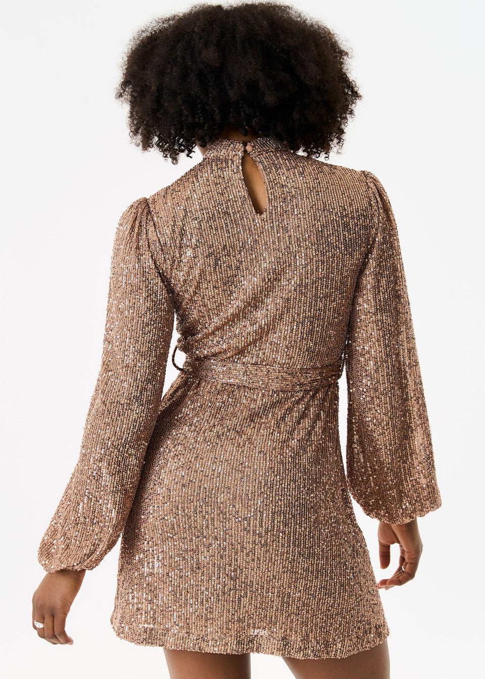 Gini London Gold High Neck Long Sleeves Belted Sequin Dress