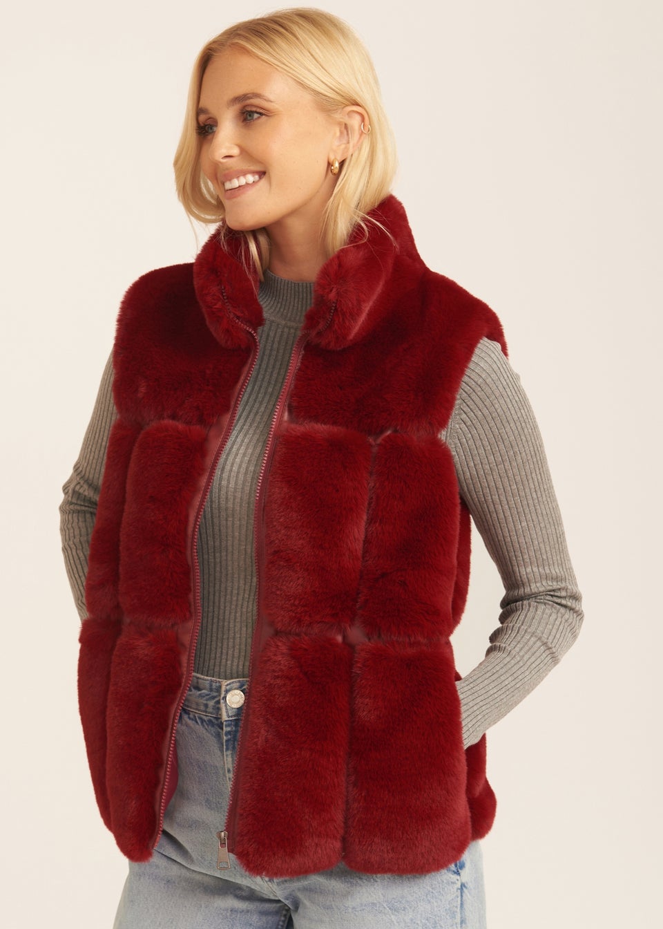 Gini London Red Faux Fur Zip Front Gilet Matalan