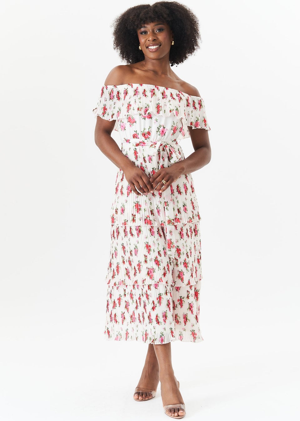 Gini London Ivory Rose Print Pleated Tiered Bardot Midaxi Dress Matalan