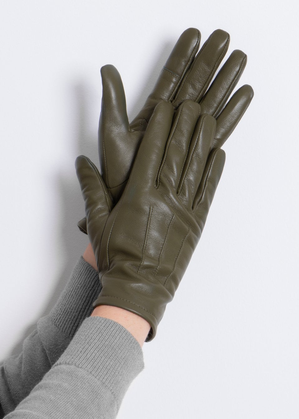 Totes Isotoner Khaki Three Point Leather Glove With SmarTouch