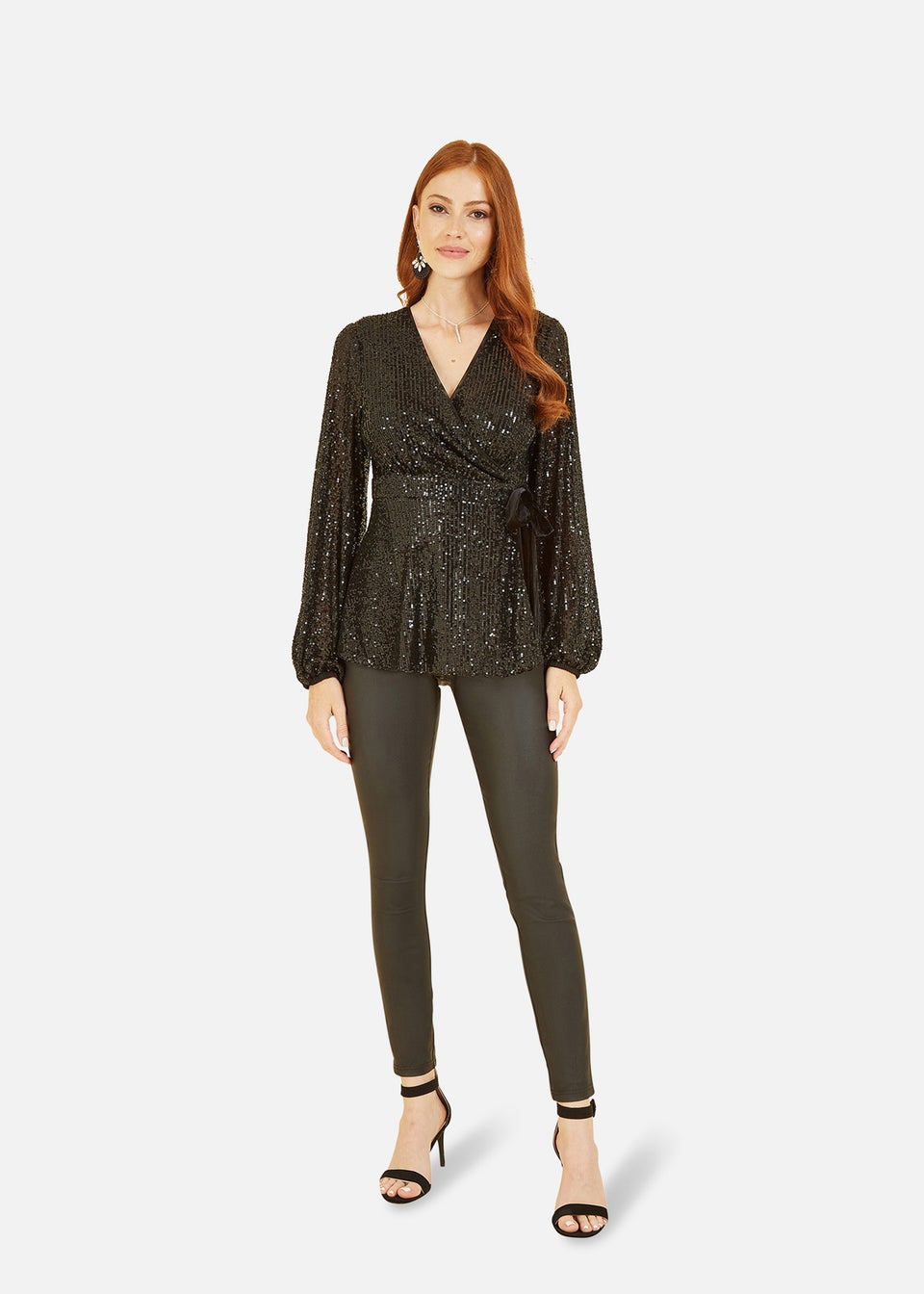 Yumi Black Sequin Wrap Top With Velvet Tie