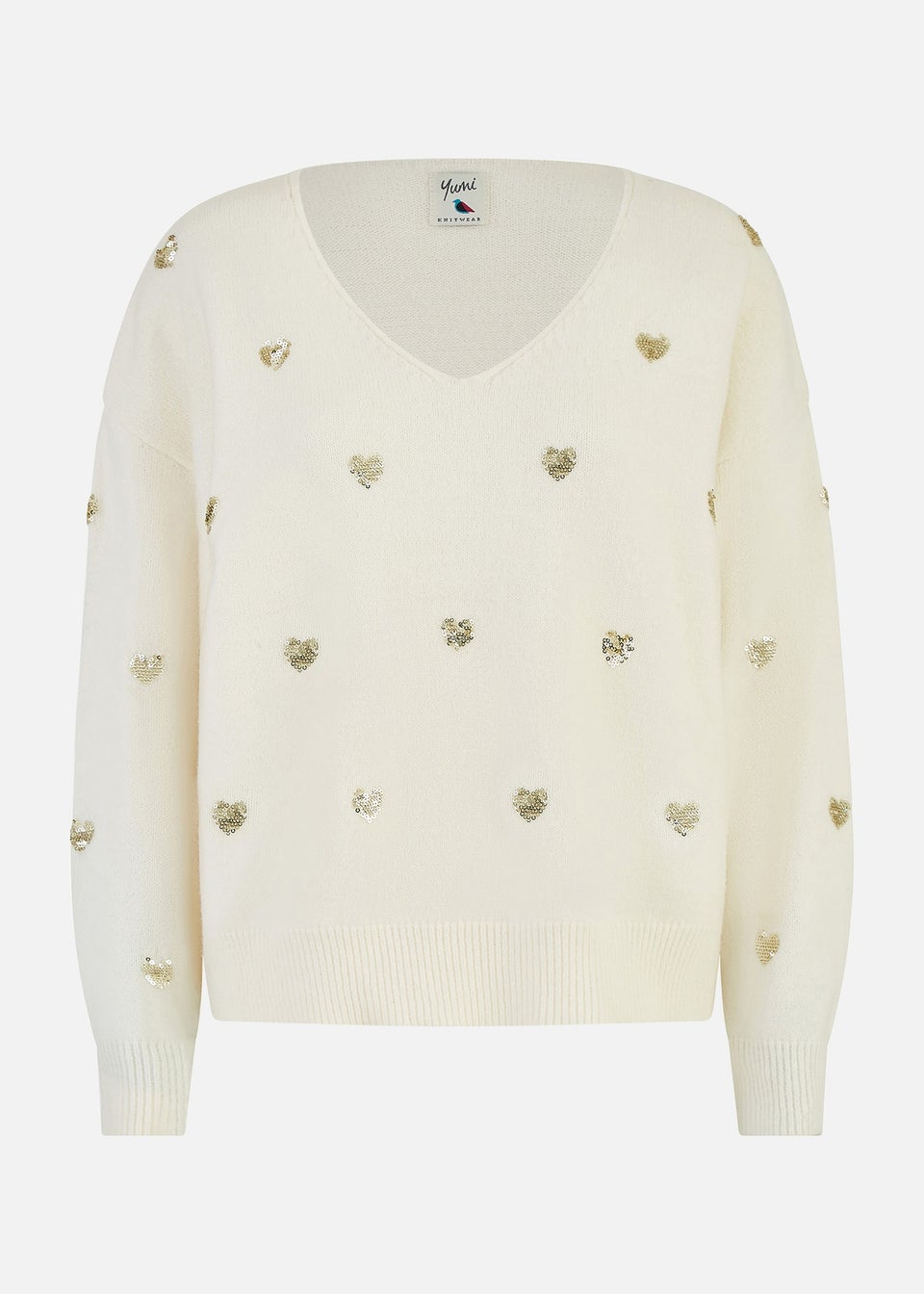 Yumi Ivory Sequin Heart V Neck Jumper