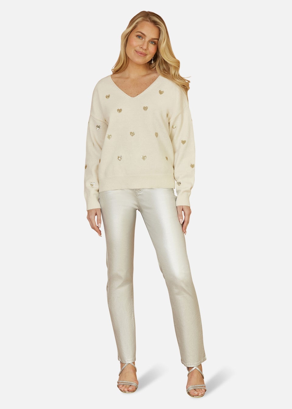 Yumi Ivory Sequin Heart V Neck Jumper