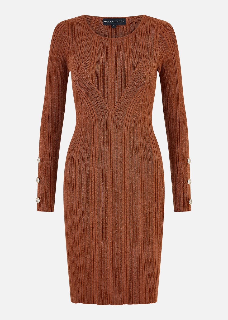 Yumi Brown Shimmer Fitted Midi Dress With Button