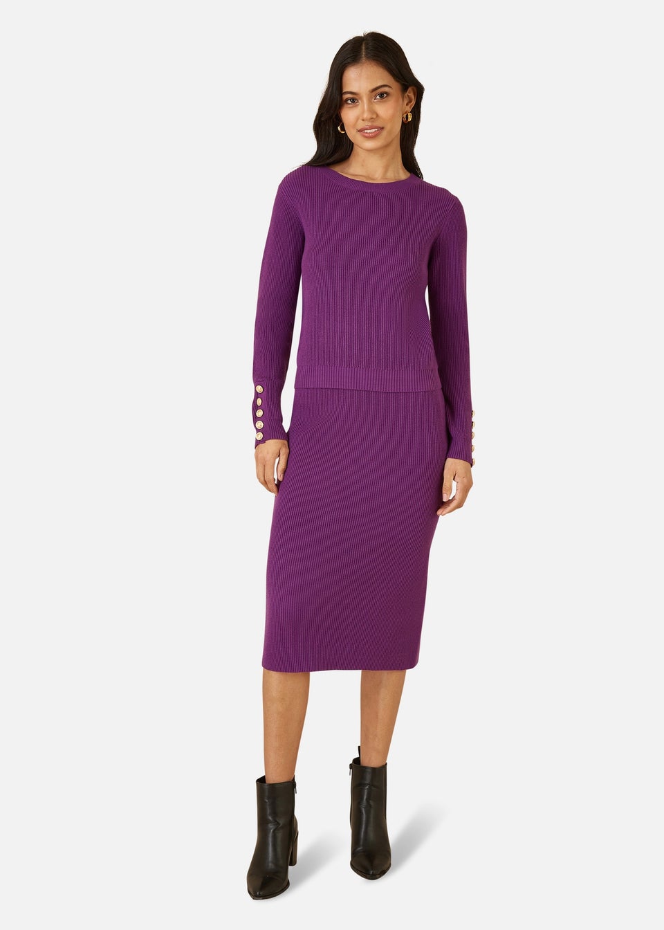 Yumi Purple Rib Knitted Midi Column Skirt Matalan