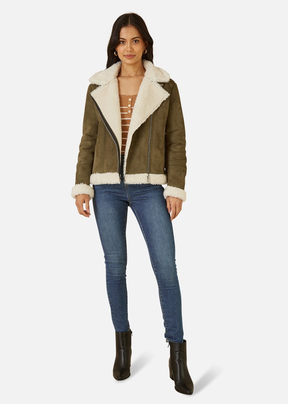 Yumi Green Faux Suede Shearling Biker Jacket Matalan
