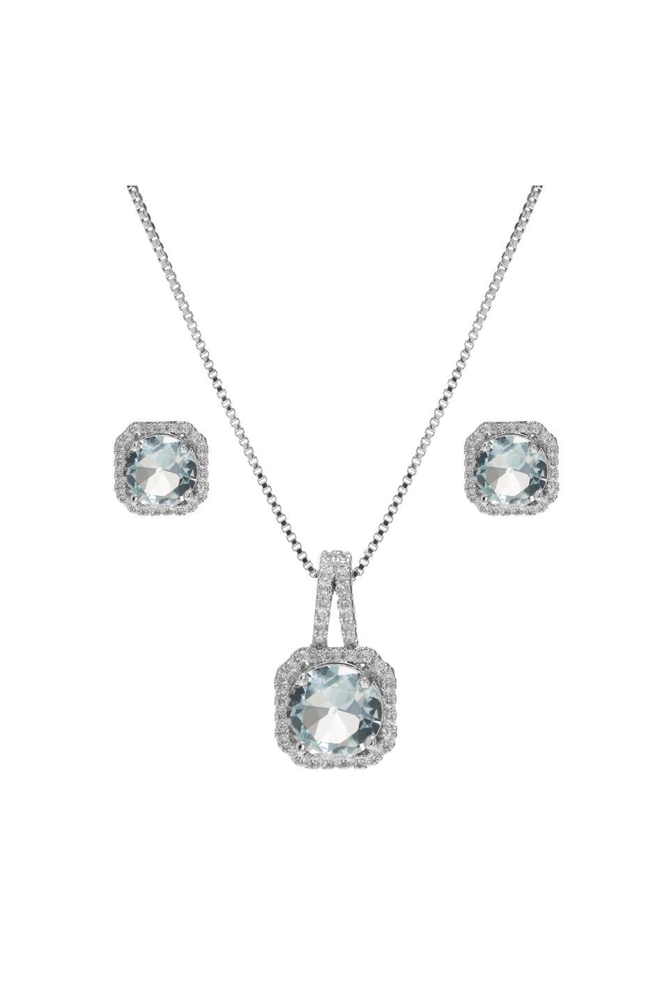 Silver Plated Aqua Blue Cubic Zirconia Crystal Square Drop Set - Gift Boxed