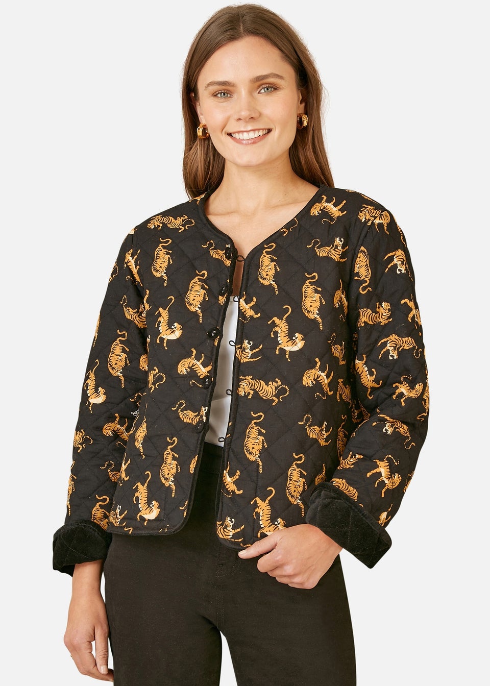 Yumi Black Velvet Quilted Jacket With Reversible Leopard Lining