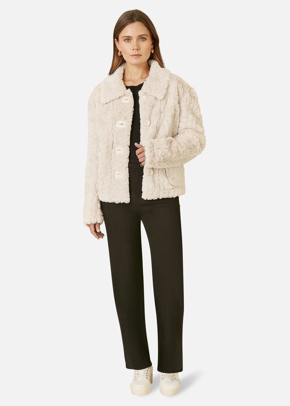 Yumi Cream Luxe Textured Faux Fur Jacket With Pockets