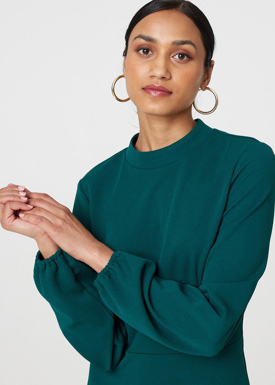 Izabel London Green High Neck Long Sleeve A-Line Midi Dress