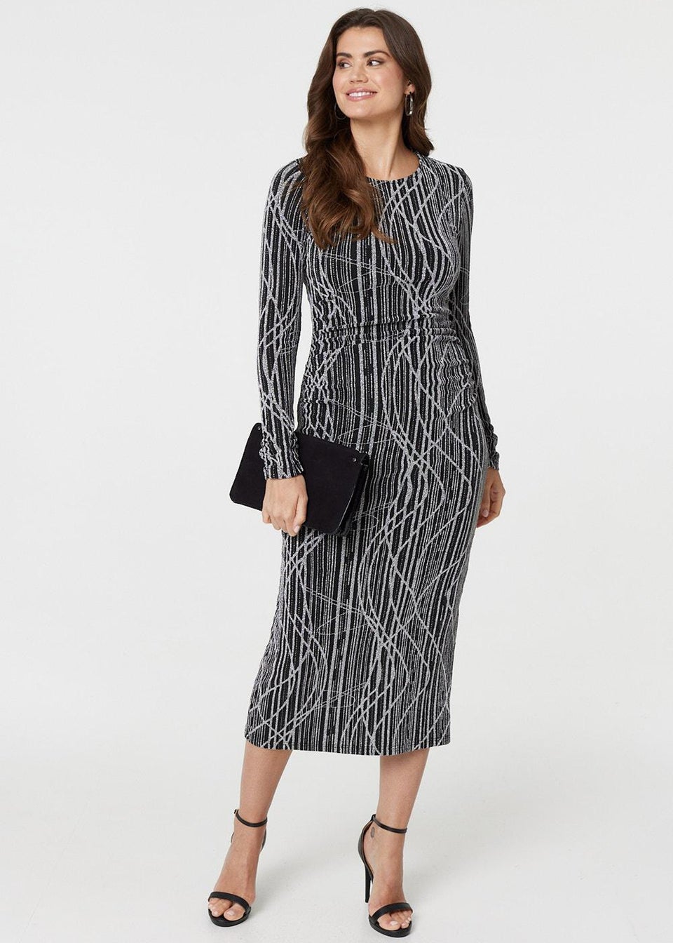 Izabel London Silver Abstract Print Long Sleeve Ruched Midi Dress