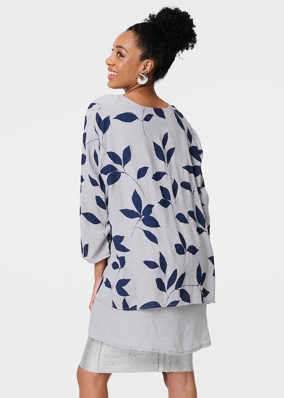 Izabel London Blue Leaf Print Longline Layered Tunic Blouse