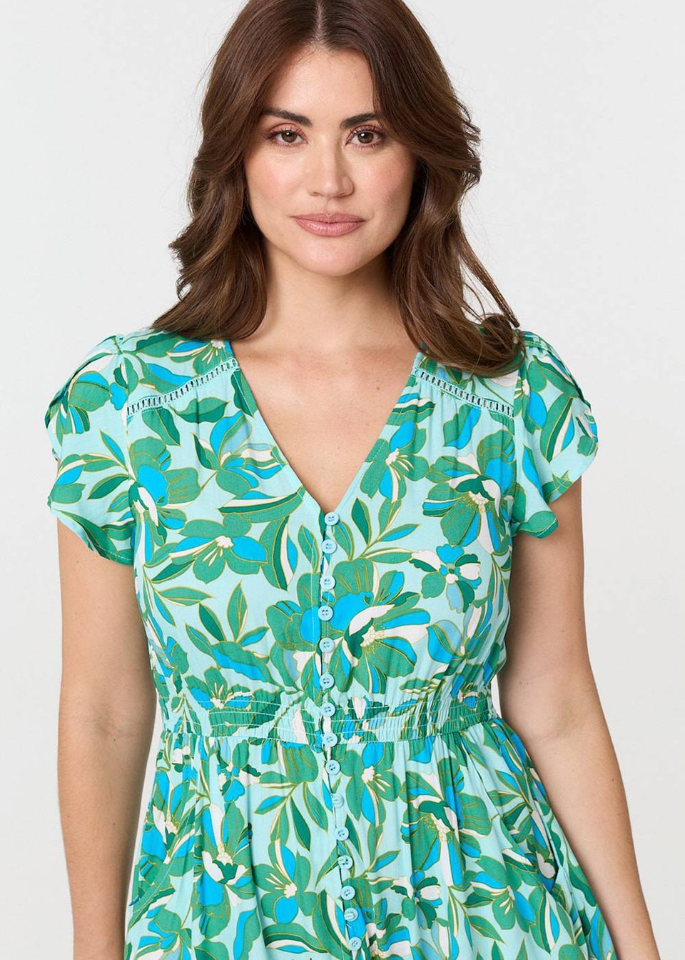 Izabel London Green Leaf Print Lace Trim Midi Dress