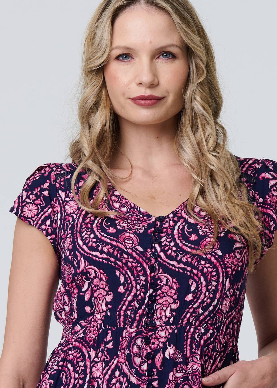 Izabel London Blue Paisley Cap Sleeve Lace Trim Maxi Dress