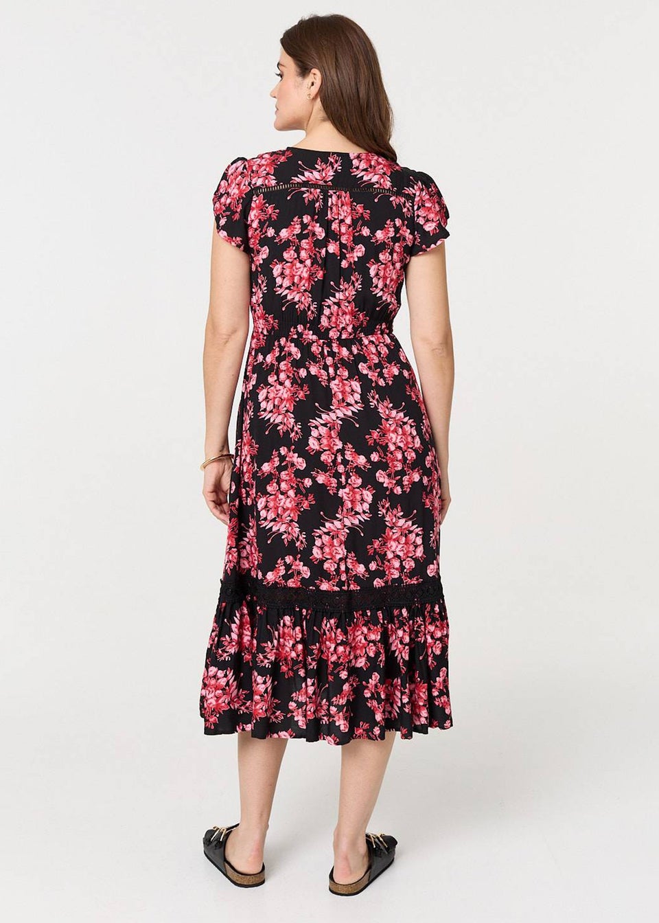 Izabel London Black Floral Lace Trim V-Neck Shirred Midi Dress