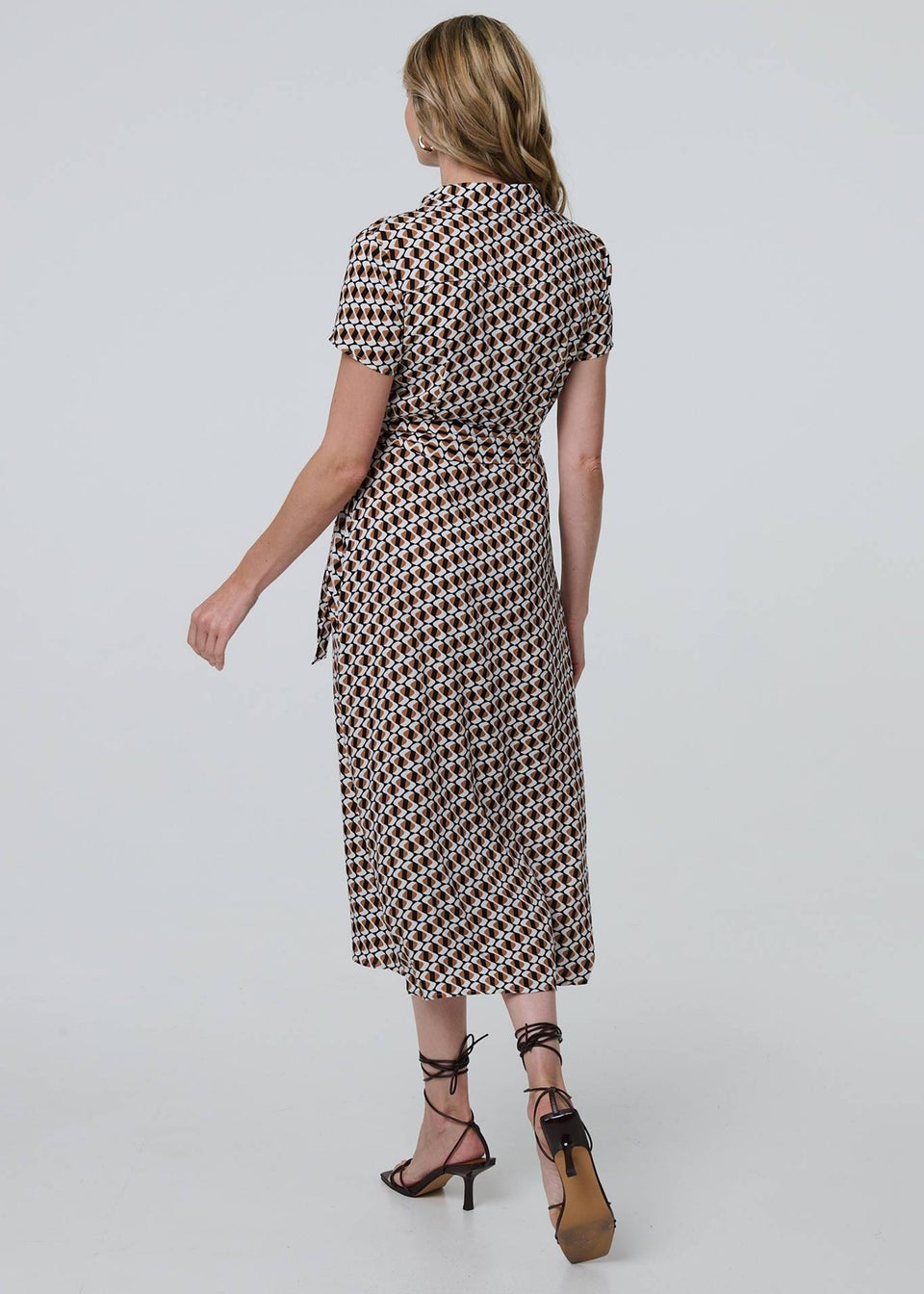 Izabel London Beige Geo Print Short Sleeve Tie Waist Midi Dress