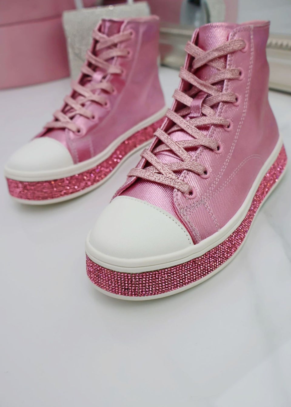 Love Lemonade Pink Crystal Canvas High Top Trainers Matalan