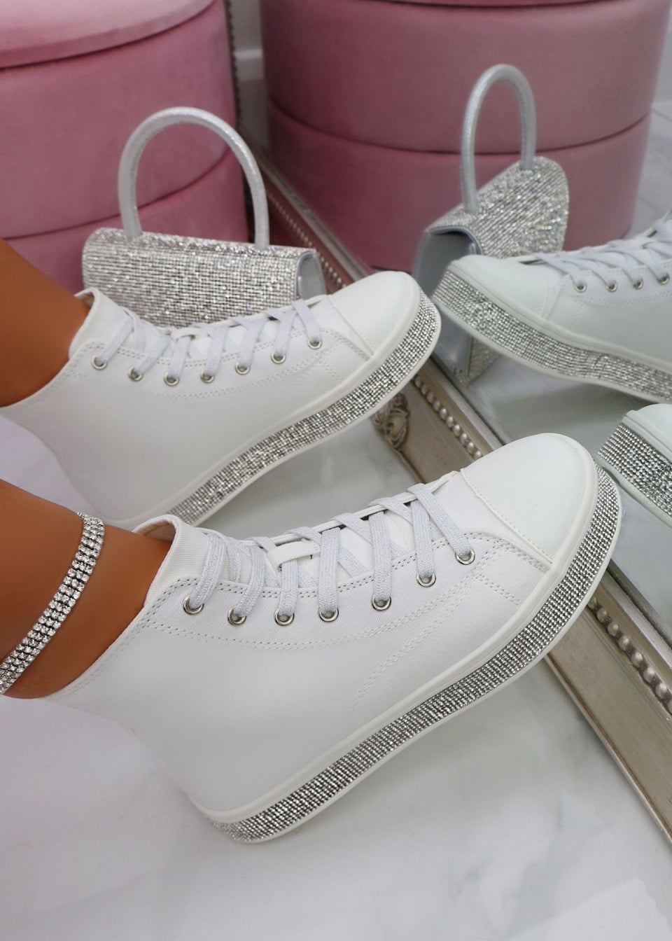 Love Lemonade White Crystal Canvas High Top Trainers