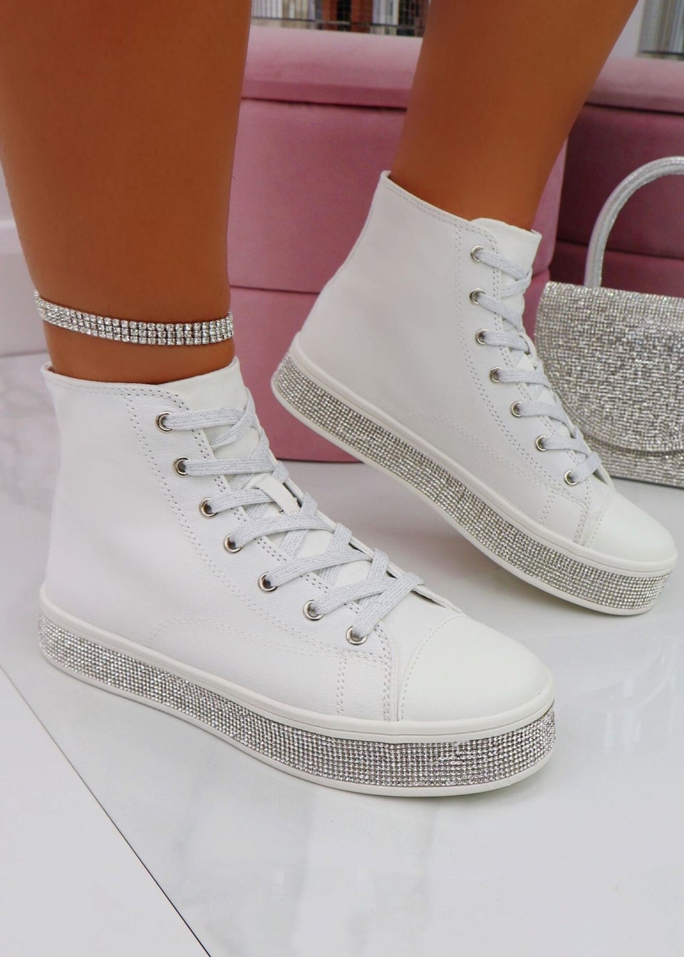Love Lemonade White Crystal Canvas High Top Trainers Matalan