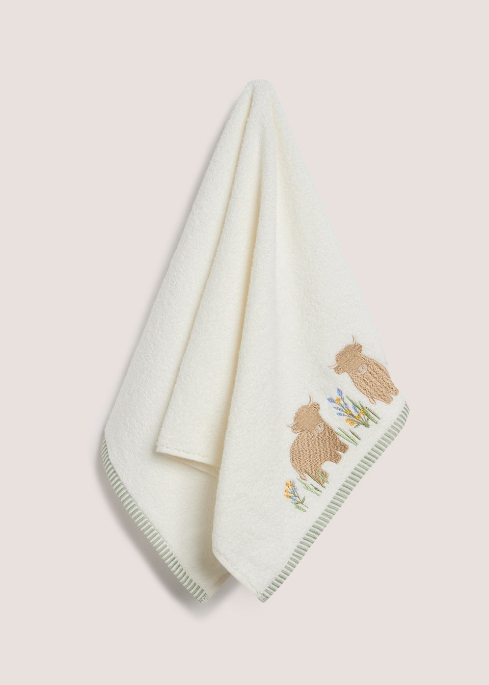 Cream Highland Cow Embroidered Hand Towel