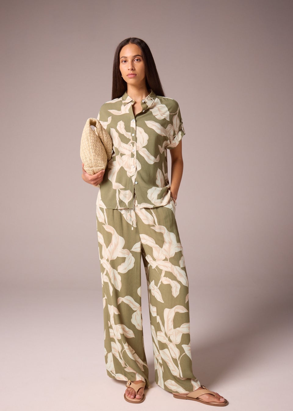 Et Vous Khaki Co Ord Leaf Print Utility Shirt