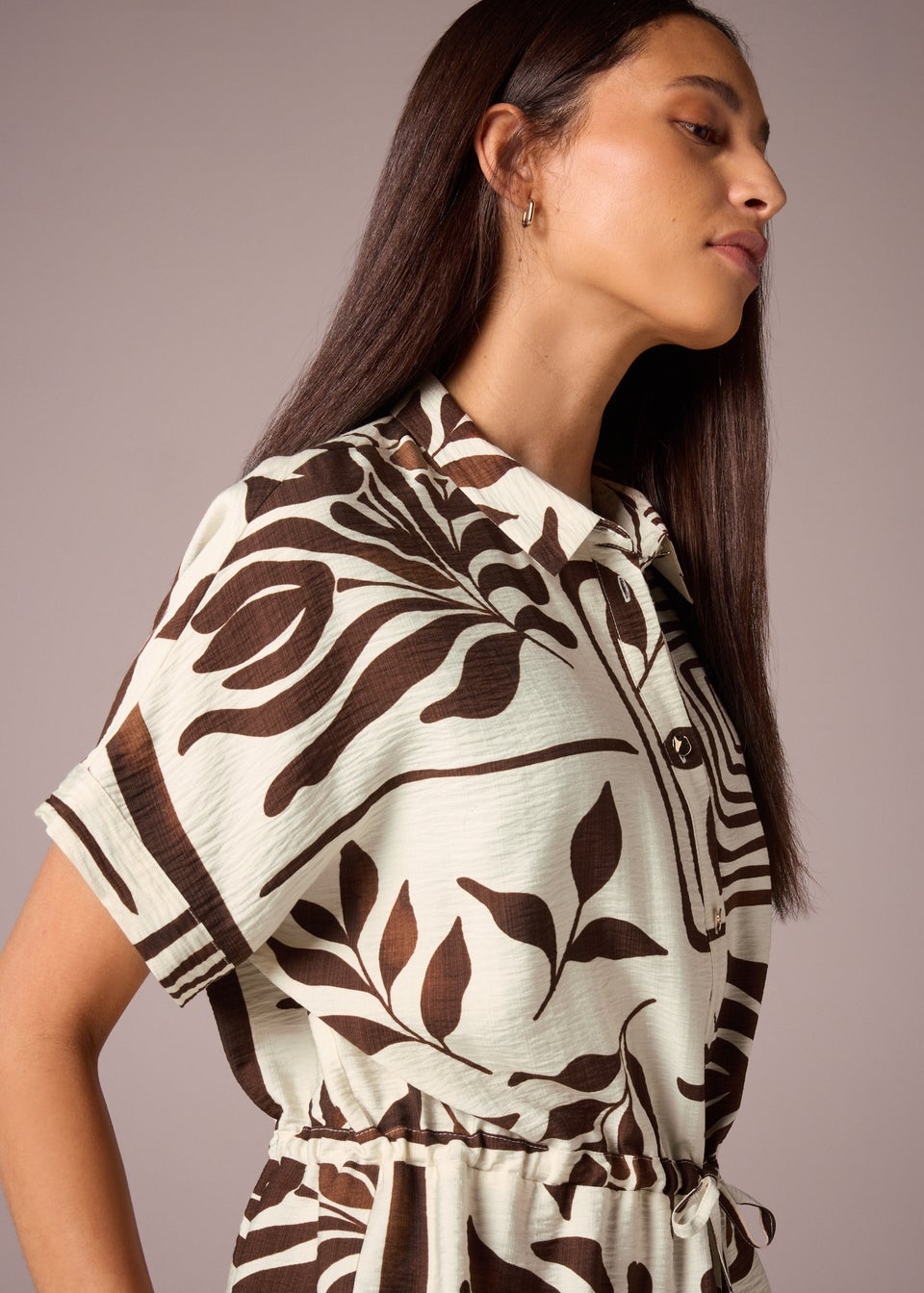 Et Vous Brown Abstract Leaf Co Ord Tie Waist Shirt