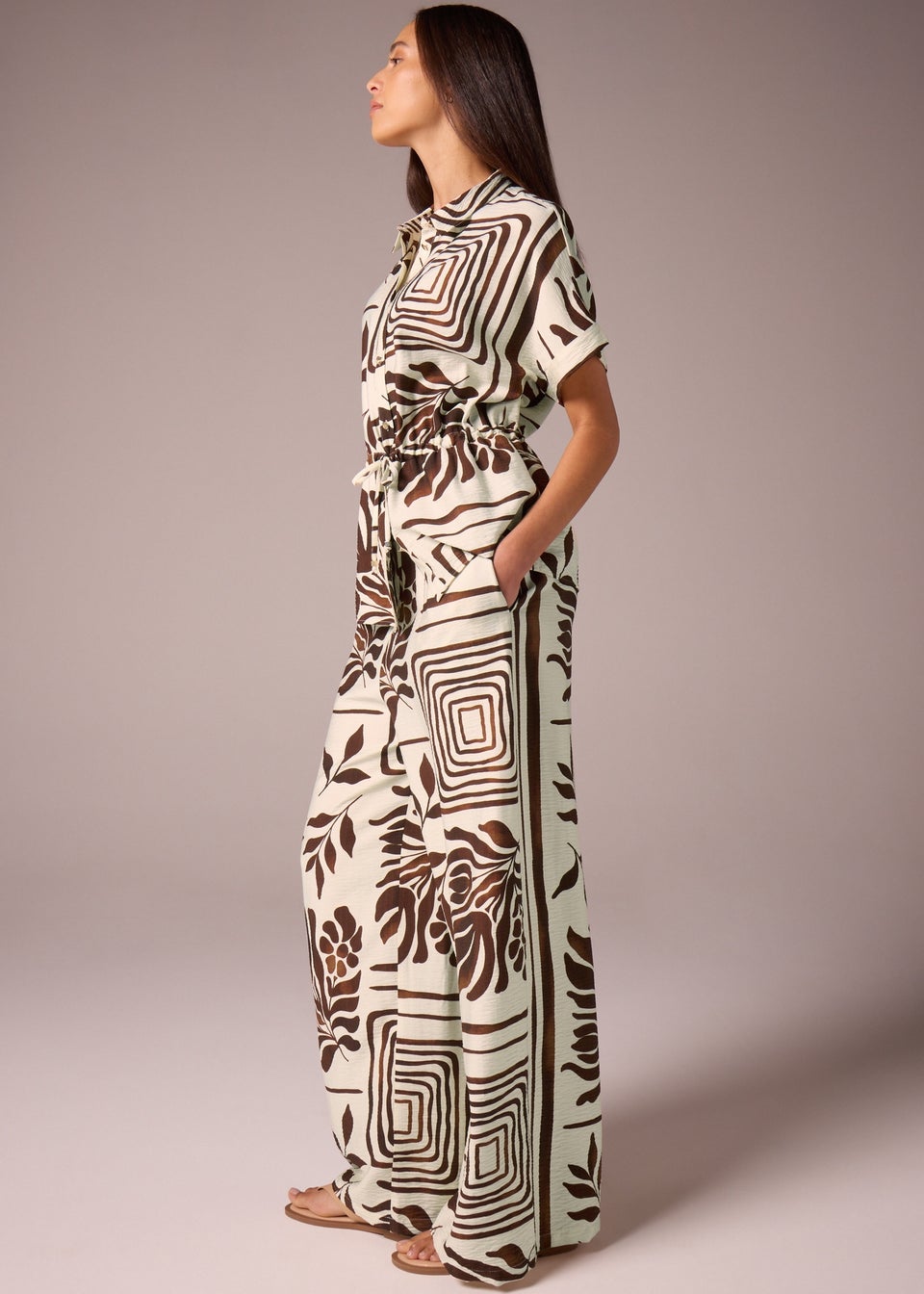 Et Vous Brown Abstract Leaf Co Ord Wide Leg Trousers