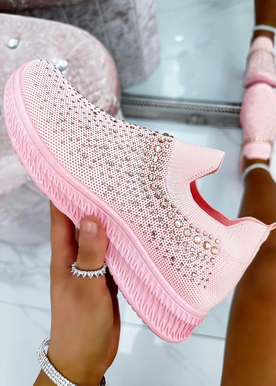 Love Lemonade Pink Crystal Rainbow Drop Stretch Sock Trainers